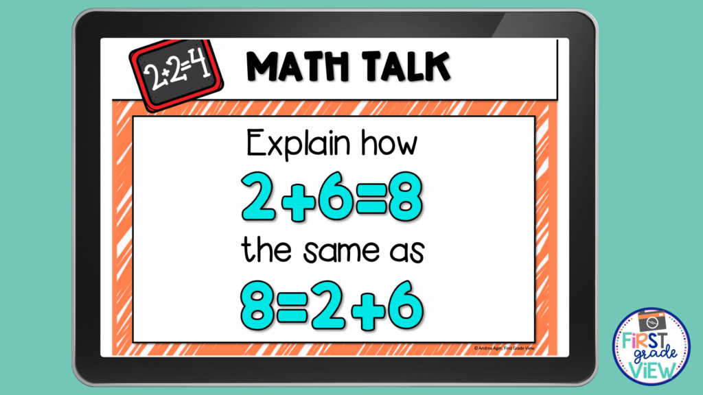 sample of a math talk where students explain how 2+6=8 is the same as 8=2+6