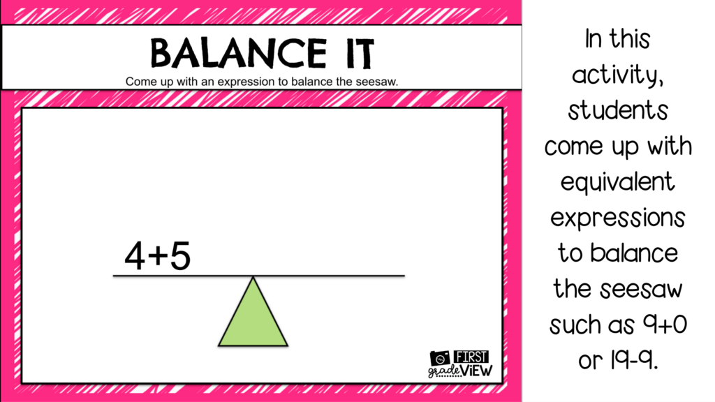 a seesaw  activity where students must balance both sides using equivalent expressions