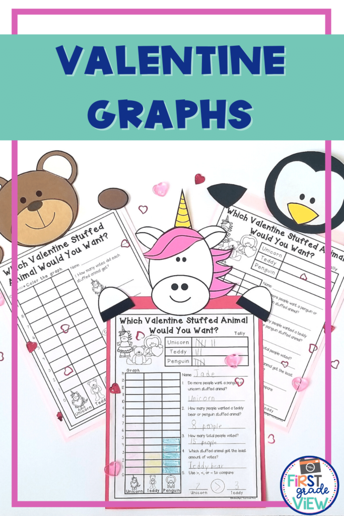 image of Valentine math graph with unicorn, teddy bear, and penguin toppers