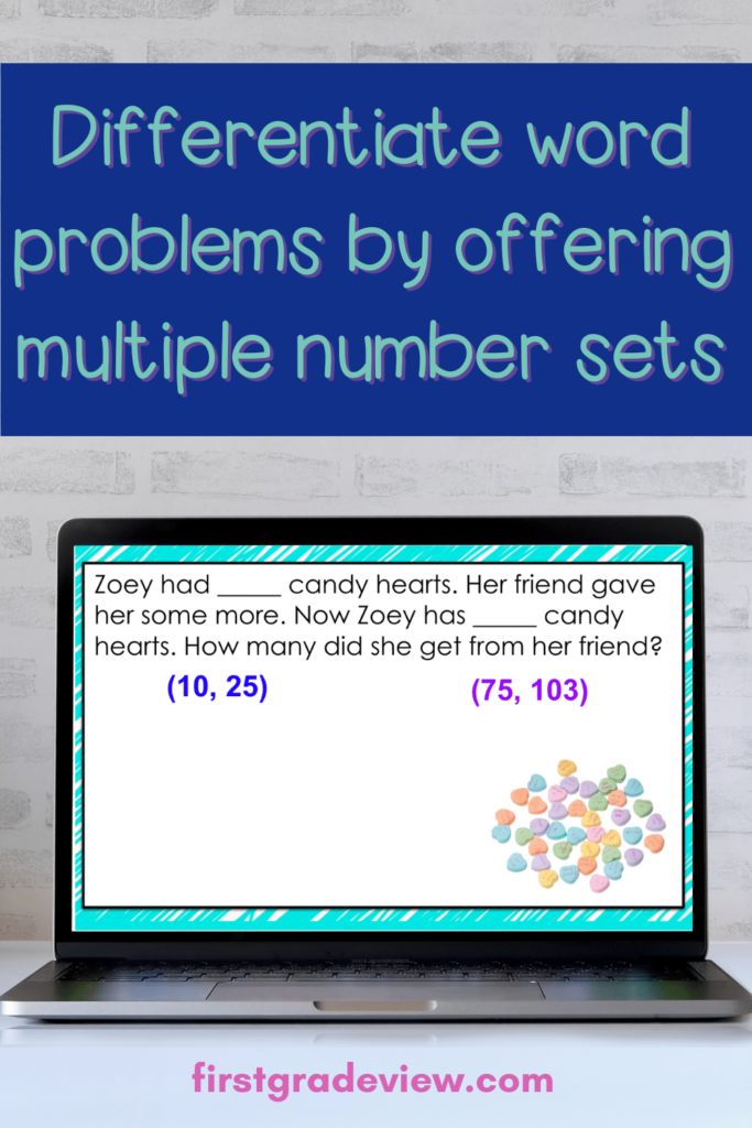 image of Valentine math word problem with differentiated number sets