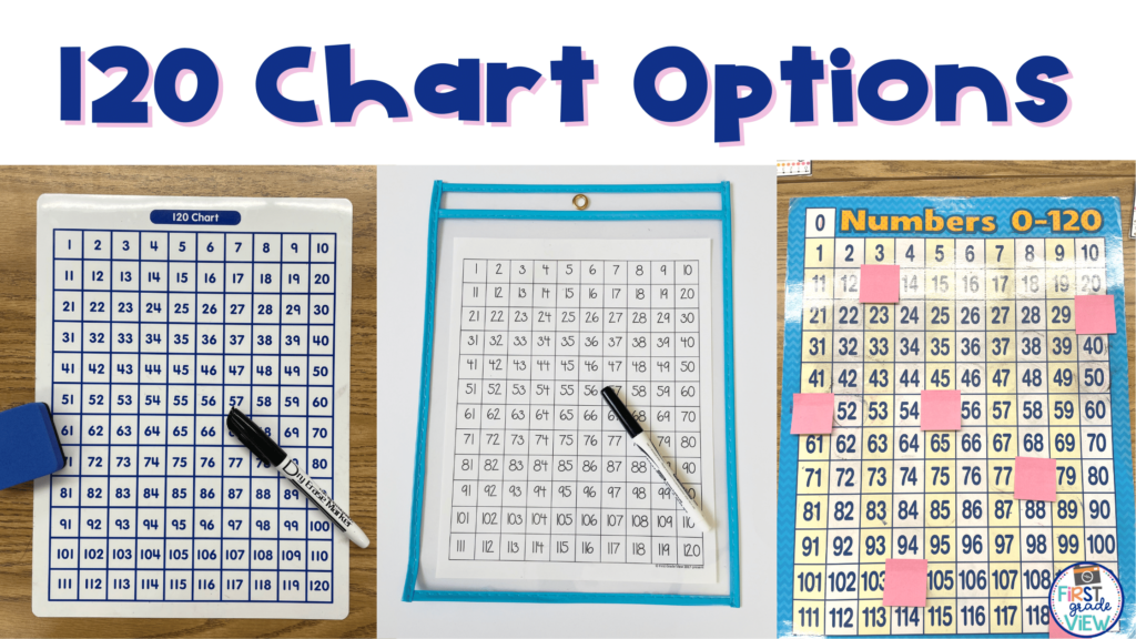 Image of dry-erase 120 chart, 120 chart printable inside of a dry-erase pocket, and a laminated 120 anchor chart. 