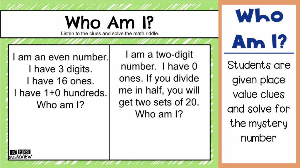 Image of a place value riddle that students solve using a 120 chart. 