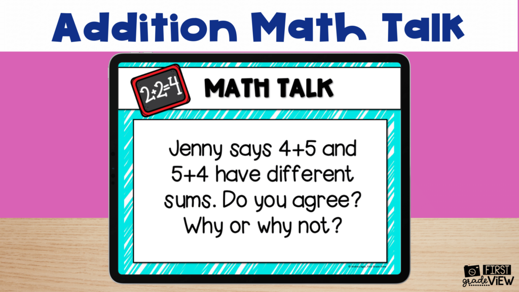 Image of math talk example for addition. Text says, "Jenny says 4+5 and 5+4 have different sums. Do you agree? Why or why not?"