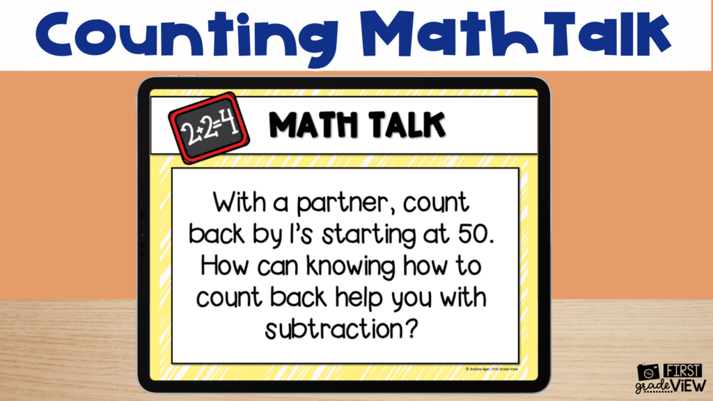 Image of an example of a counting math talk. Text says, "With a partner, count back by 1's starting at 50. How can knowing how to count back help you with subtraction?"