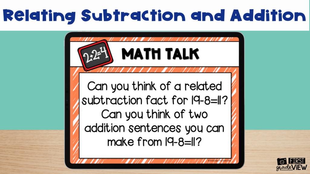 Math talk example of relating addition and subtraction. Text says, "Can you think of a related subtraction fact for 19-8=11?Can you think of two addition sentences you can make from 19-8=11?