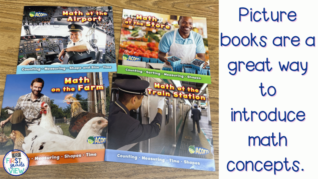 Image of series of pictures books that show math at the store, at the train station, on the farm, and at the airport.