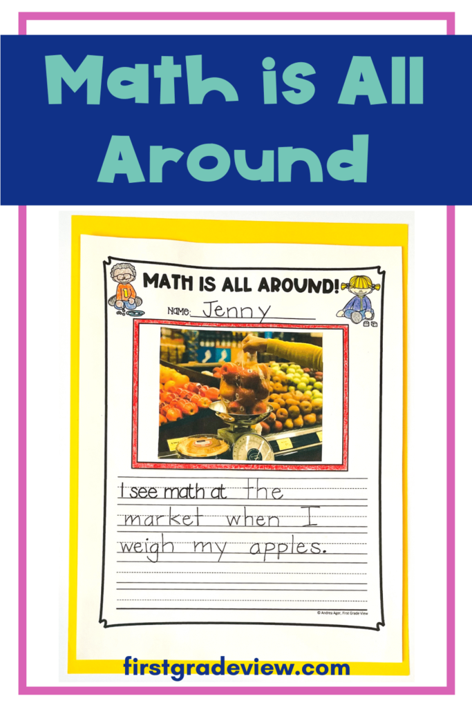 Image of a student project. Student took picture of themself weighing apples and text says, "I see math when I weigh my apples at the market."
