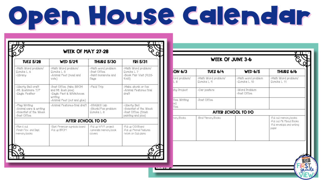 Image of sample schedule planning out projects for students to complete for a classroom open house.