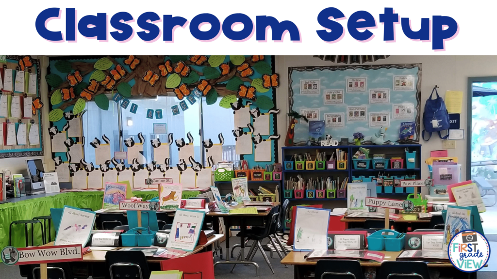 Image of student desk setup and classroom board display for open house. 