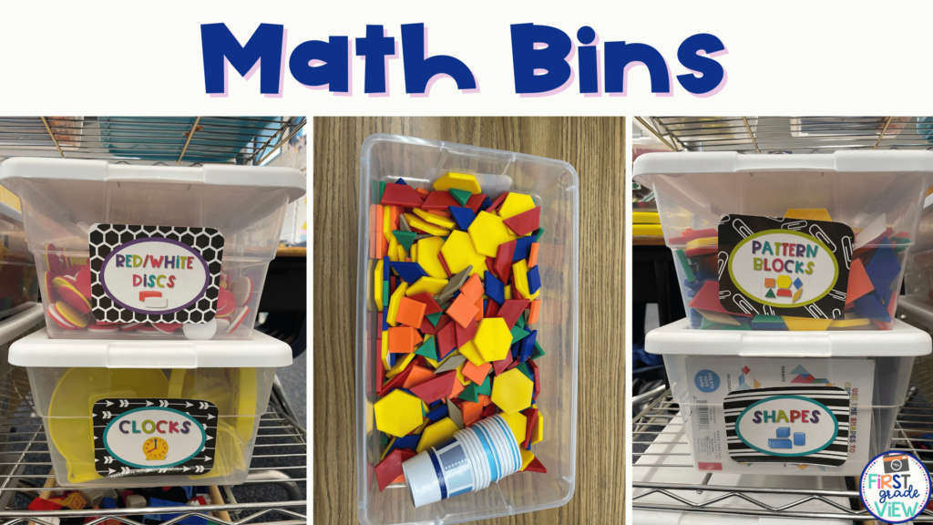 Image of math manipulatives organized in clear plastic bins. 