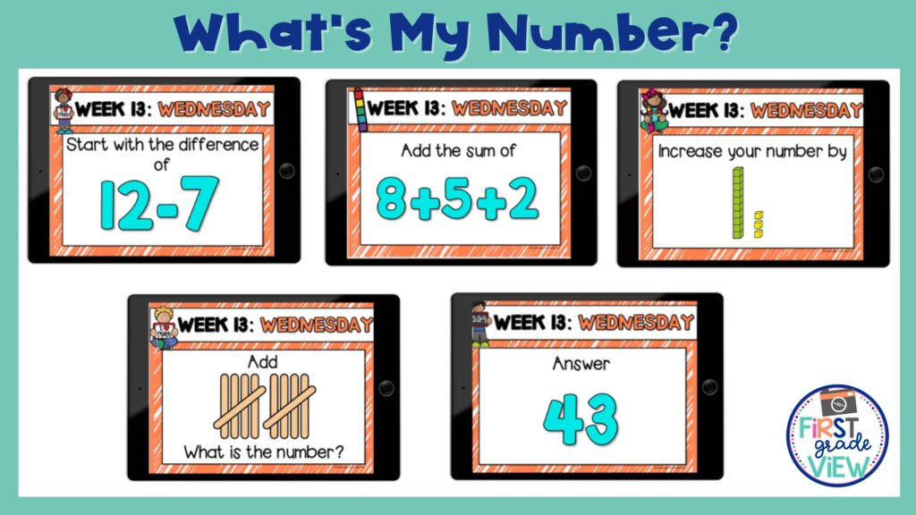 Image of a series of slides called, "What's My Number?" that is used in a daily math routine to develop number sense.