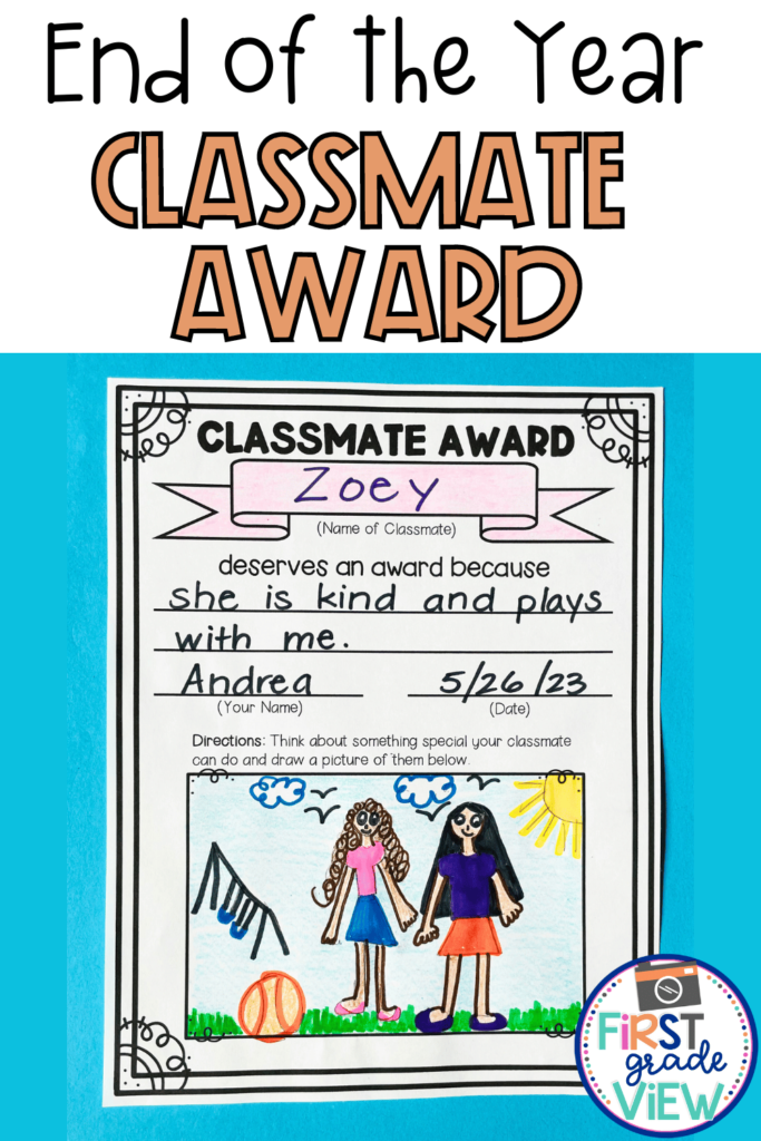 Image of a classmate award where a students gives an award to a peer. 