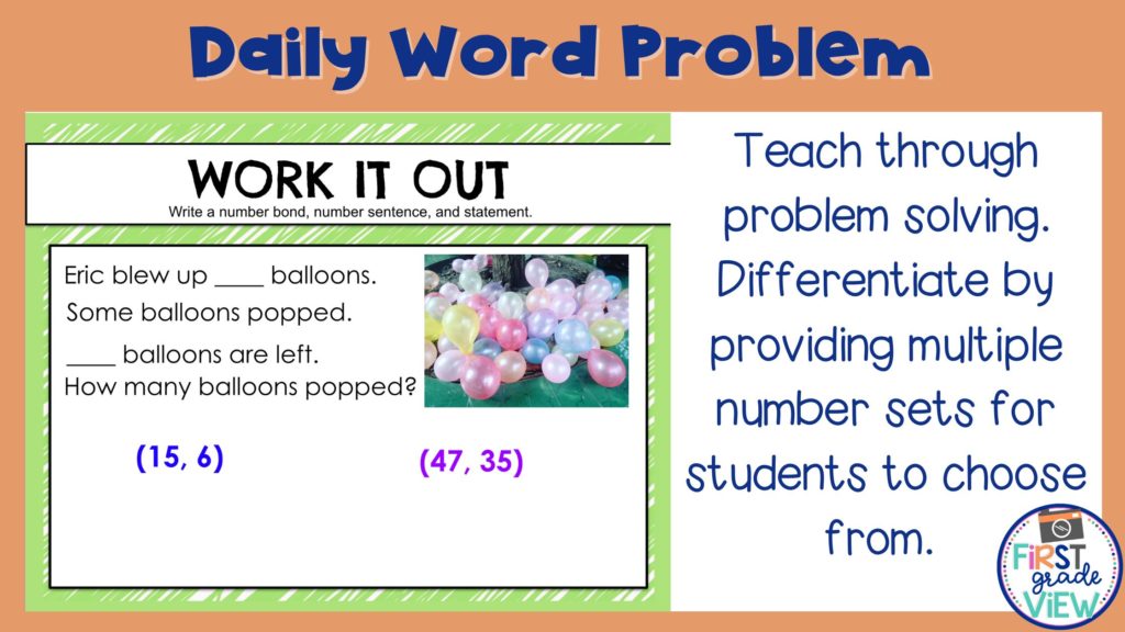 Image of a daily word problem used in a daily math routine for first graders. 