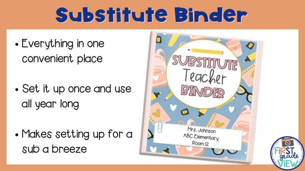 Image of a substitute teacher plans binder with information for the sub. 