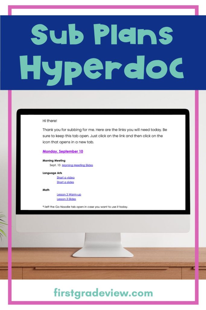 Image of a computer with a hyperdoc that that links for a substitute teacher. 