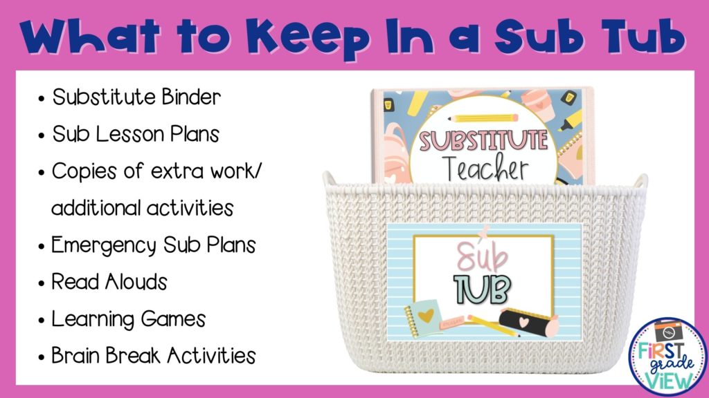 Image of a sub tub with a list of components teachers can keep inside their sub tub.