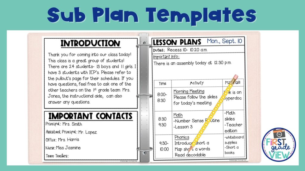 Image of substitute teacher lesson plans template example for teachers. 