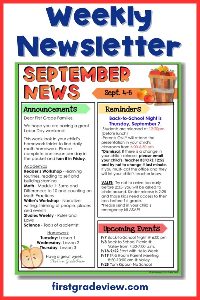 Image of a sample weekly classroom newsletter. 