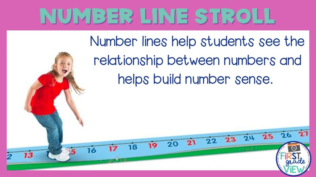 Image of a student walking across a number line floor mat. 