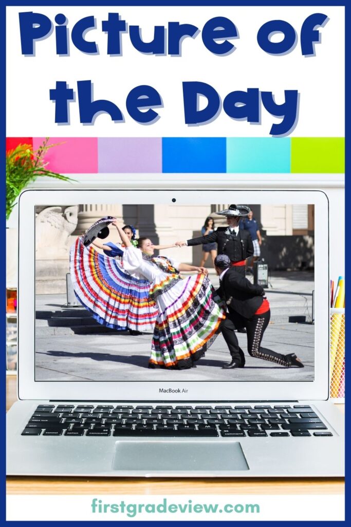 Image of folklorico dancers on a computer that is being used for a picture of the day routine for students. 