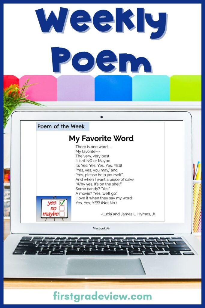 Image of a weekly poem  for first graders on a computer. 