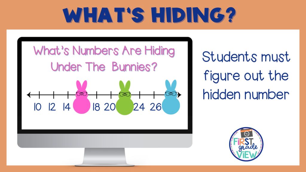 Image of a number line from 10-18 where the numbers 16, 22, and 28 are covered with bunnies and students have to solve for the hidden numbers. 