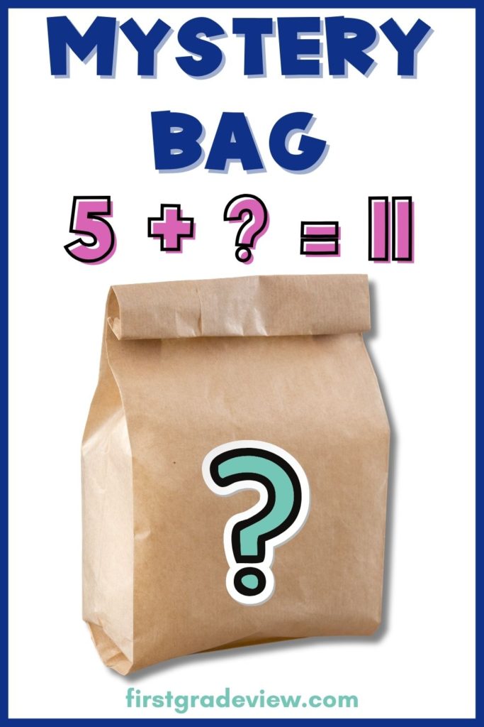 Image of a brown lunch bag that has math manipulatives in it for a math warm up activity called mystery bag. 