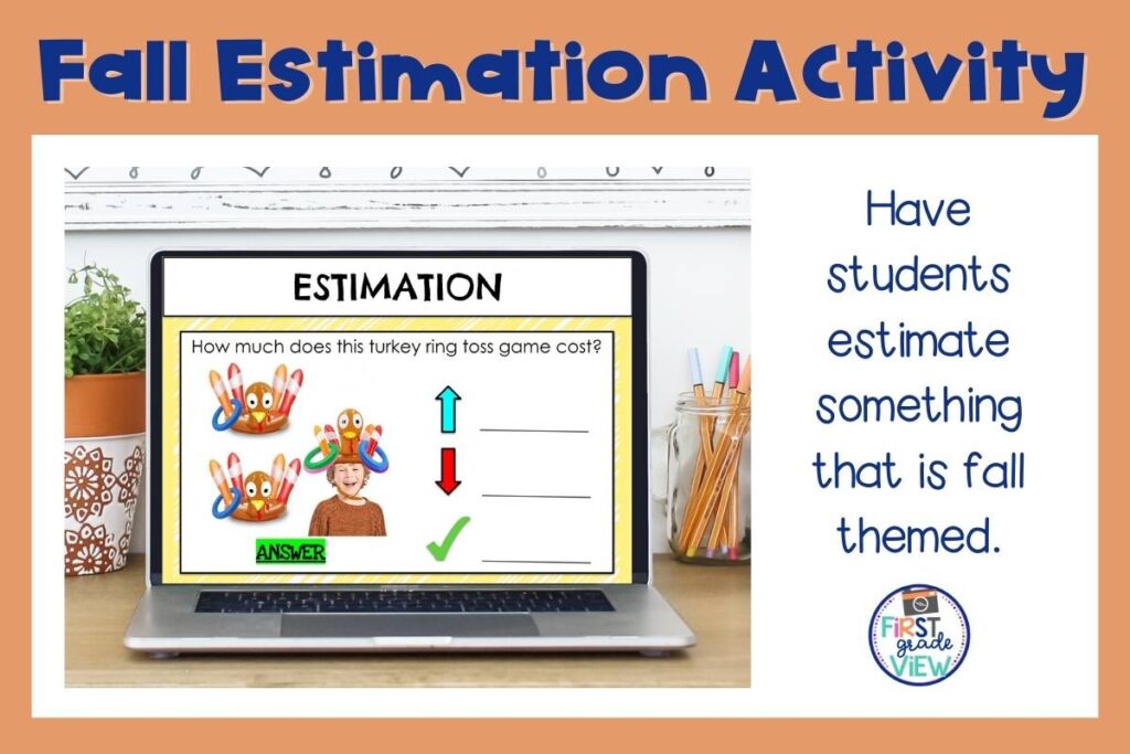 Image of a computer with an estimation activity where students estimate the cost of a Thanksgiving hat toss game. 