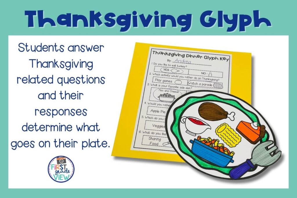 Image of a math glyph activity where students answer Thanksgiving related questions and make a Thanksgiving dinner craft to go with it. 