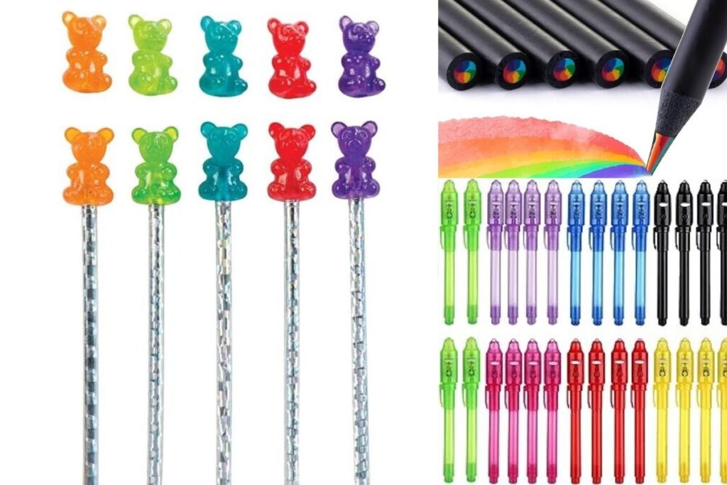 Image of rainbow pencils, invisible ink pens, and gummy bear toppers for a holiday gift guide for students. 