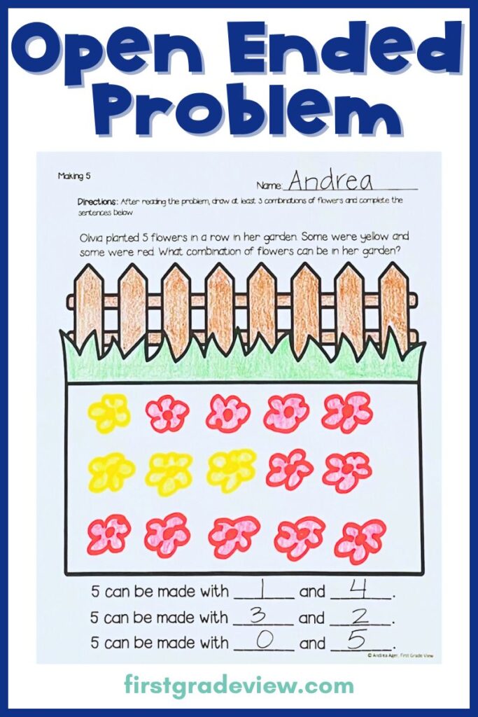 Image of a math instructional strategy of using open ended word problems. Image is of a first grade open ended word problem. 