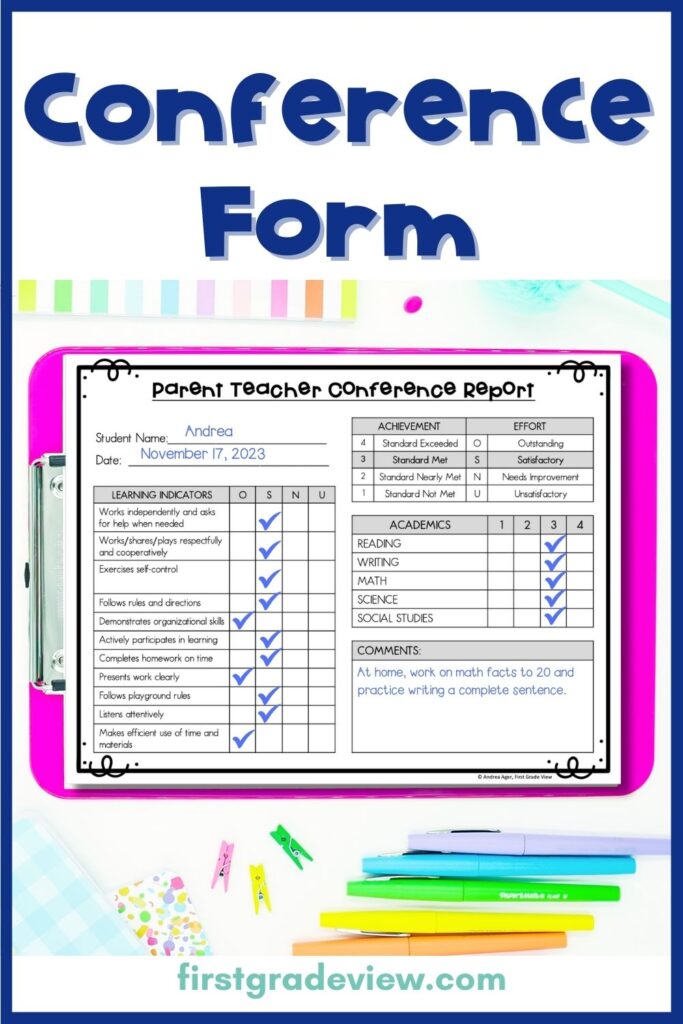Image of a conference report on a clipboard for teacher's to use during a parent meeting. 