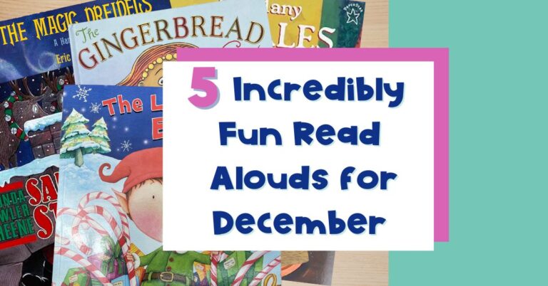 Image of stack of books and blog title: 5 Incredibly Fun Read Alouds for December