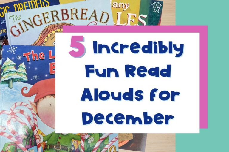 Image of stack of books and blog title: 5 Incredibly Fun Read Alouds for December