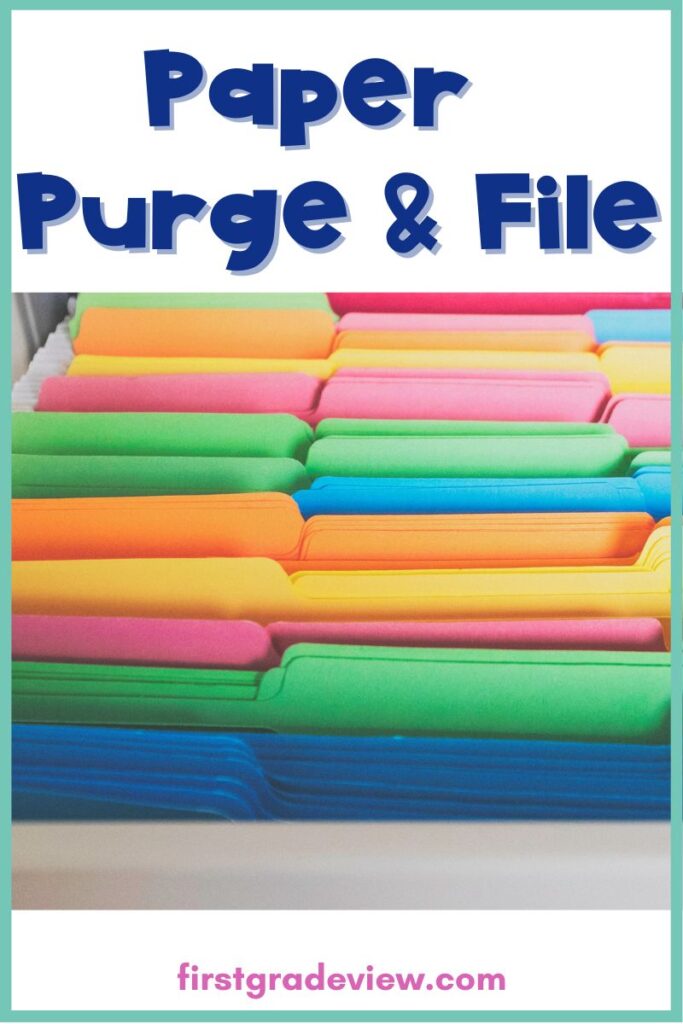 Image of file folders with words, "Paper purge and file" for a teacher task to complete before winter break. 