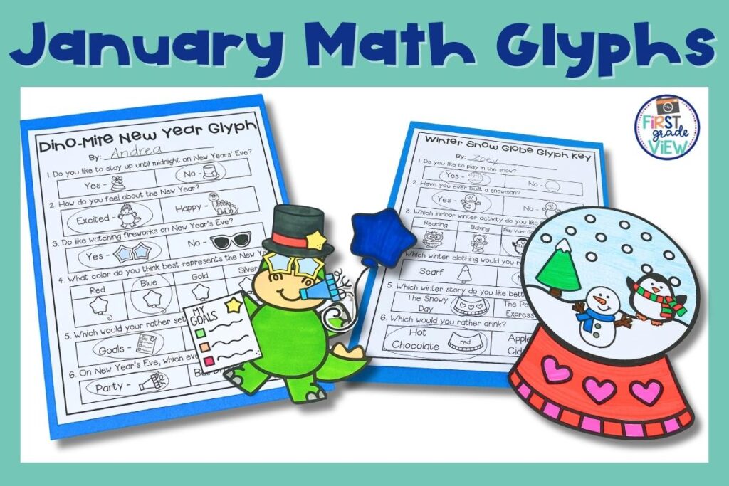Image of January math glyphs. One glyph is a winter snow globe. the other glyph is a New Year's dinosaur. 