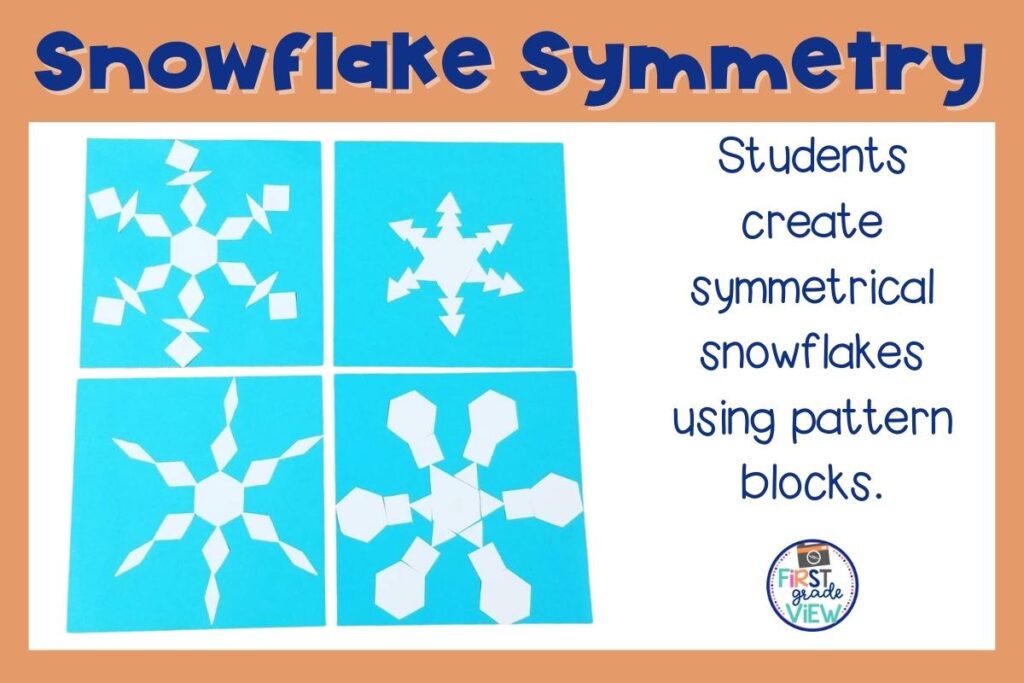 Image of a snowflake craft made with pattern block cutouts. 