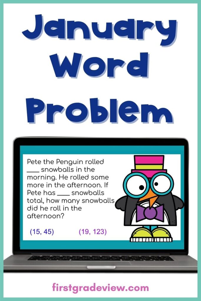 Image of a computer with a January math word problem about a penguin. 