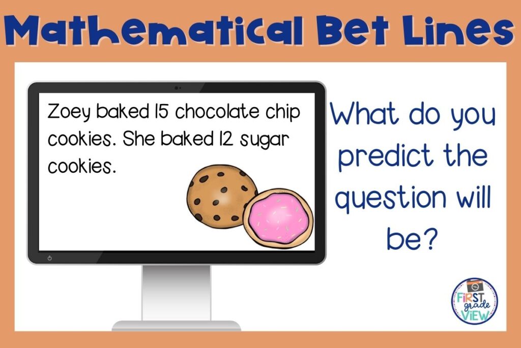 Image of a computer screen with the word problem: Zoey baked 15 chocolate chip cookies. she baked 12 sugar cookies. The caption says, "What do you predict the question will be?"