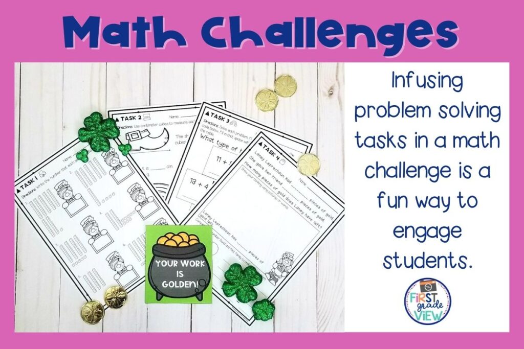 Image of a set of four math tasks from a March Math Challenge for first graders. 