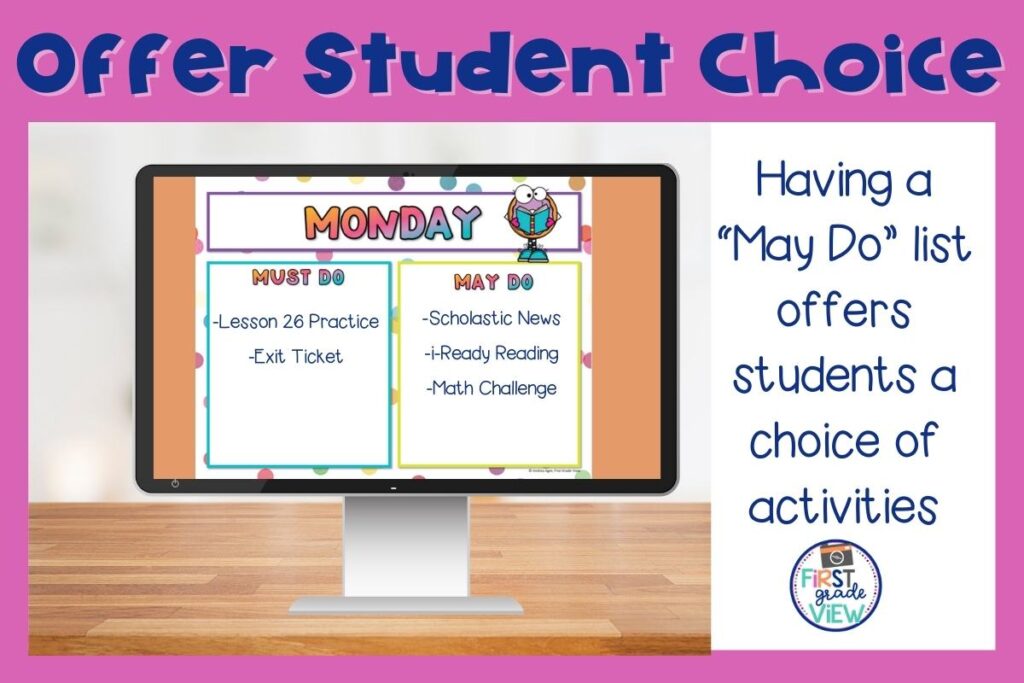 Image of a computer screen with an agenda slide with a "must do" and "may do" list for students. 