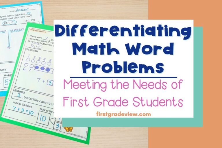 Image of word problem worksheets for first graders and the blog post title: Differentiating Math Word Problems