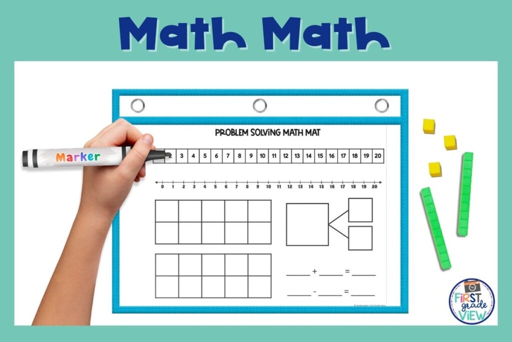Image of a math mat printable in a dry erase pocket. Students use the graphic organizers on the math mat when solving word problems. 