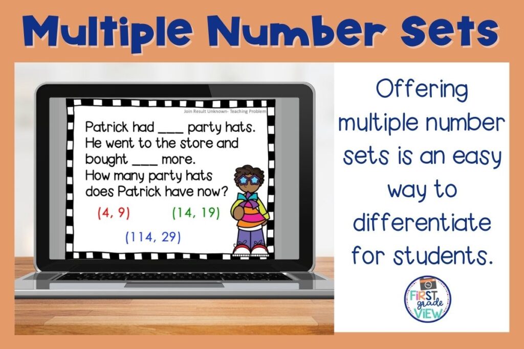 Image of a computer with a digital word problem where students can choose from multiple number sets. 