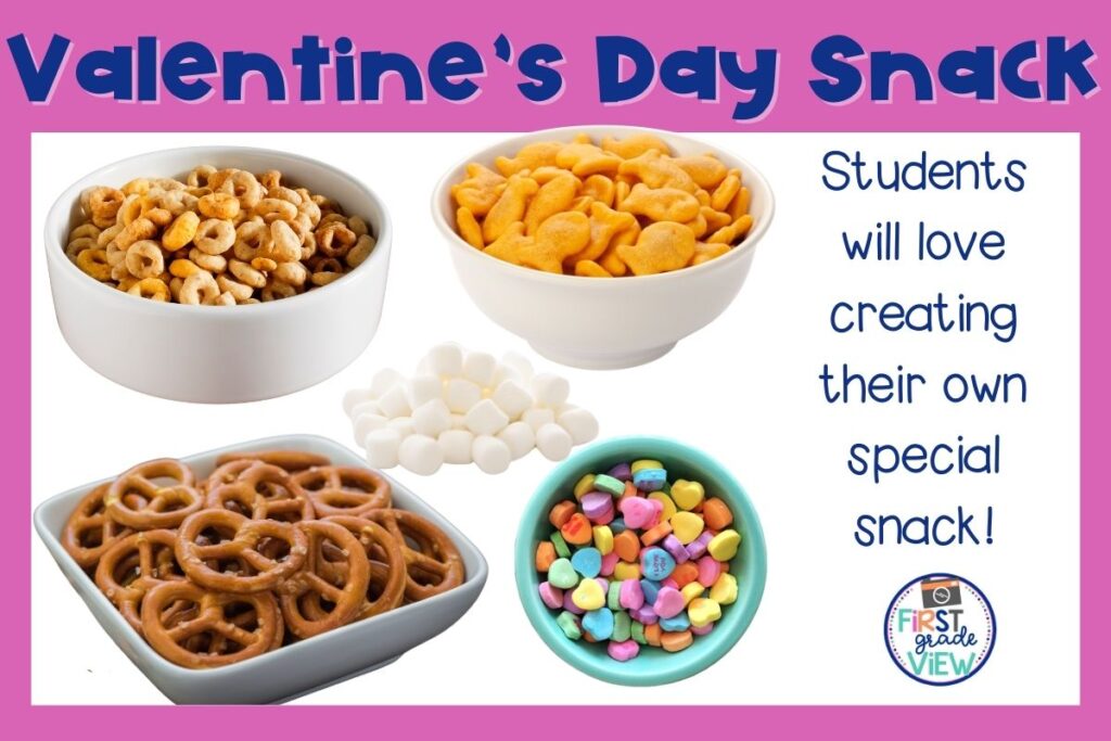 Image of cereal, goldfish crackers, mini marshmallows, candy hearts, and pretzels for a Valentine's Day snack student can make. 