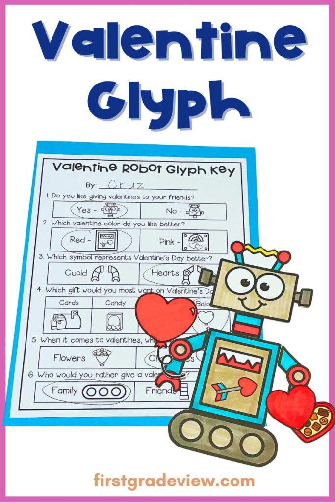 Image of a fun Valentine's Day classroom activity where students answer questions and make a Valentine robot glyph project. 