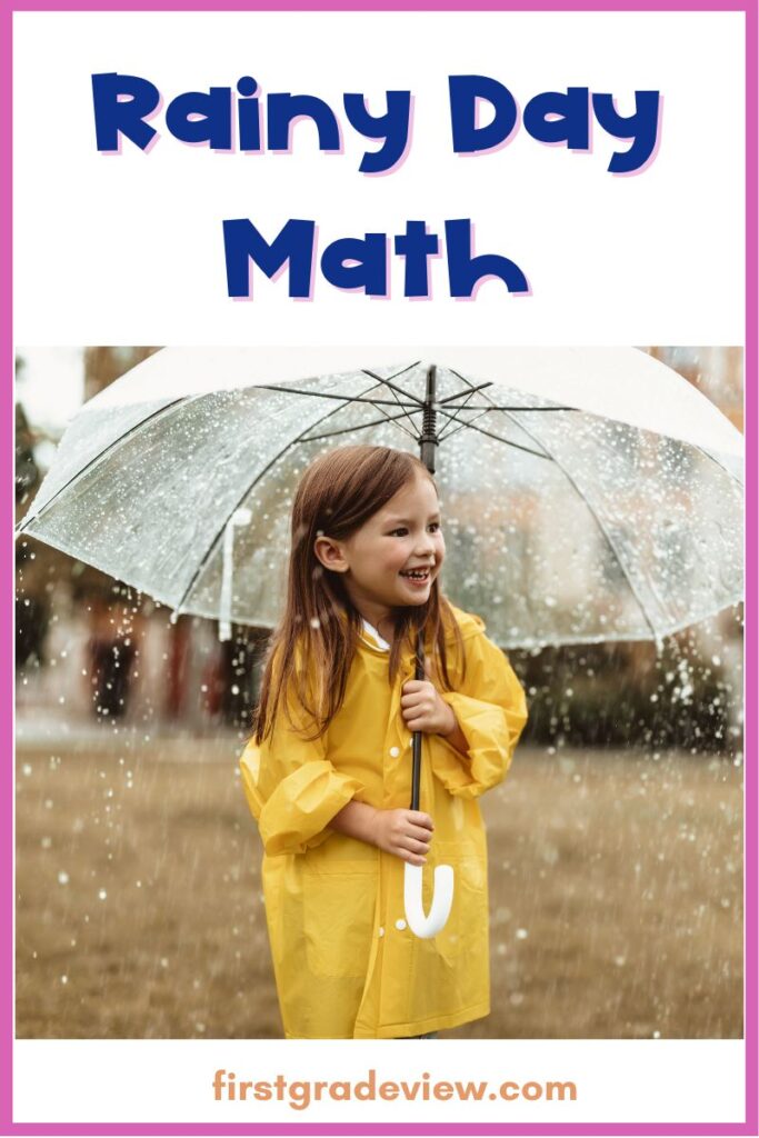 Image of a student holding an umbrella outside in the rain for a rainy day math activity. 