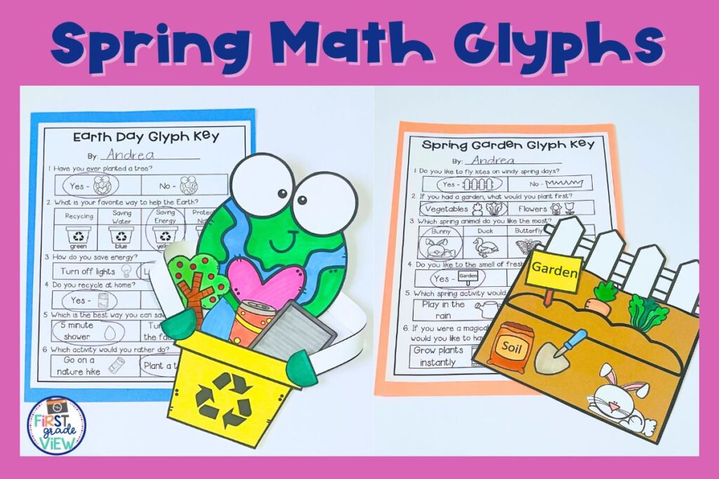 Image of 2 spring math activities: Earth Day glyph and Spring Garden glyph. 