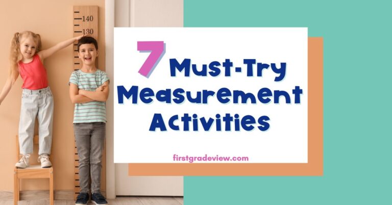 Image of kids measuring their height and blog post title: 7 Must Try Measurement Activities