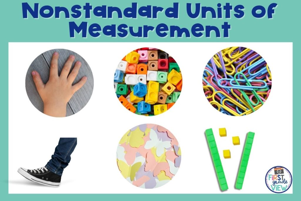 Image of nonstandard units for measuring- hand, foot, math cubes, paper cutouts, paperclips, and centimeter cubes. 
